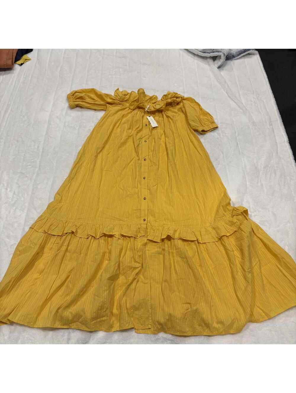 Anthropologie New Yellow Ruffled Button-Up Dress Women XXS Maxi Summer